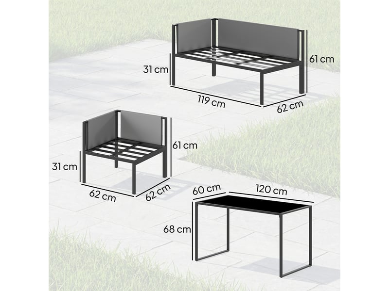  Salon de jardin canapé d'angle extérieur 6 pcs coussins 10cm table haute et 2 repose-pieds gris  - Conforama E