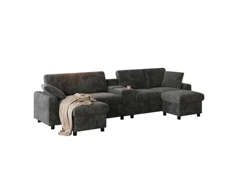  Canapé panoramique en u 4 places avec 2 poufs coffre, table, usb et prises, velours côtelé gris, 315 × 135 × 81 cm  - Conforama A