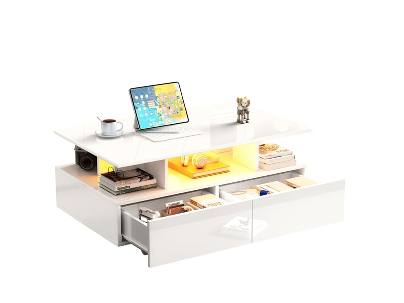  Table basse 90x55x41 cm avec led, 2 tiroirs, rangement, finition haute brillance, salon, blanc  - Conforama A