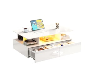 Table basse 90x55x41 cm avec led, 2 tiroirs, rangement, finition haute brillance, salon, blanc