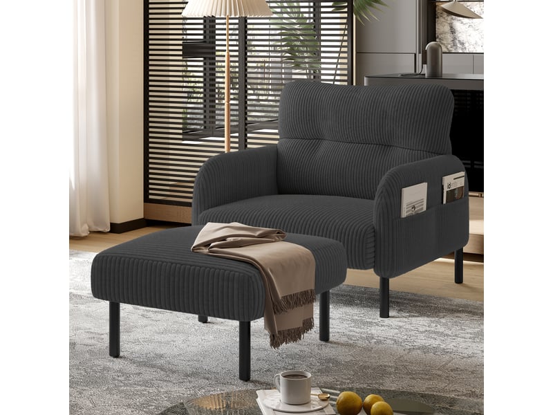 Fauteuil individuel en tissu velours côtelé avec repose-pieds, accoudoirs munis de poches latérales, structure métallique stable DUD2018 - Conforama D