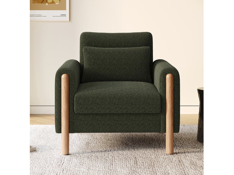 Fauteuil fixe 1 place en tissu bouclette vert, coussin d'assise amovible et confort moelleux au quotidien - Conforama E