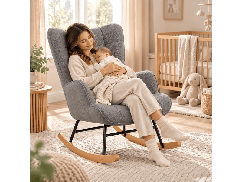 Fauteuil à bascule teddy, fauteuil berçant allaitement haut dossier avec accoudoirs, chaise berçante confortable pour lecture, salon, chambre bébé, adulte - Conforama W
