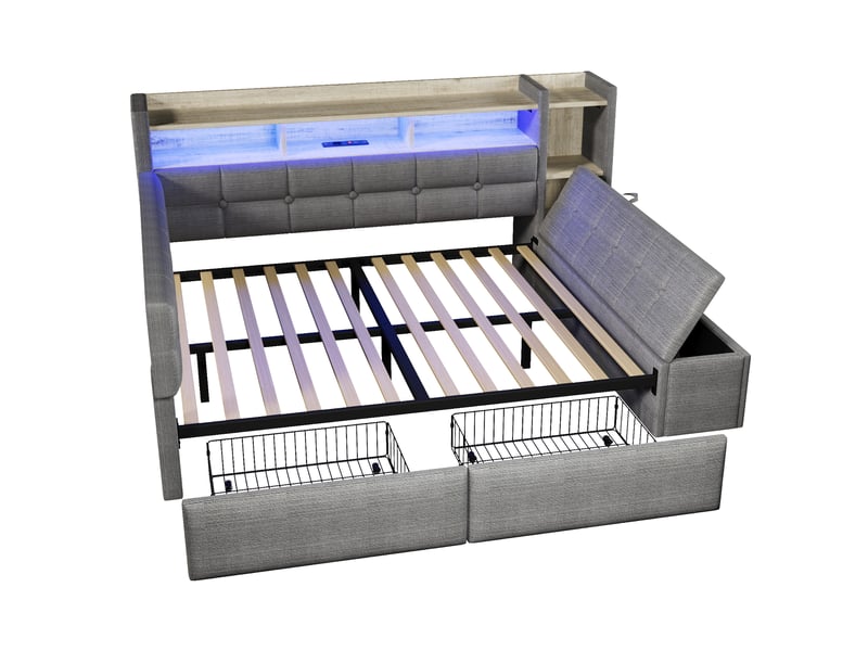  Lit banquette gris foncé 140x190 cm avec tiroirs, led, usbtype-c, velours, rangement intégré  - Conforama E