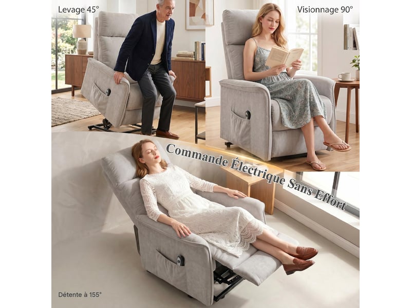  Fauteuil releveur électrique en chenille gris 69x91x106 cm  - Conforama D