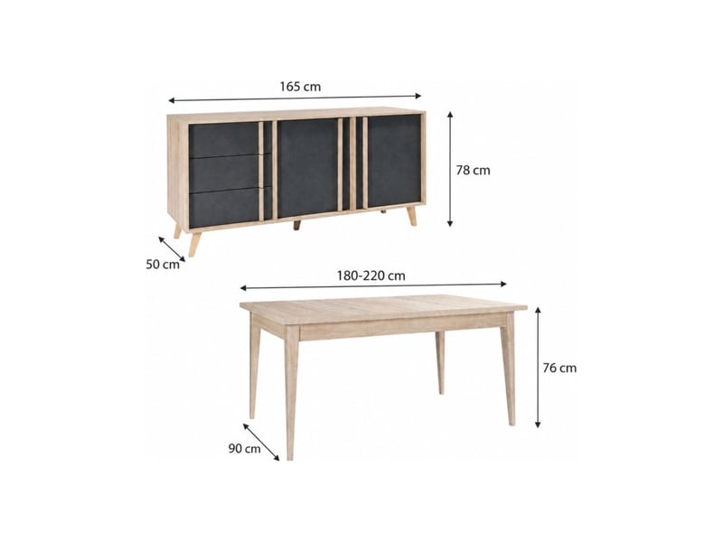  Salle à manger complète malmo avec table extensible 180-220 cm et buffet 165 cm – chêne clair et gris  - Conforama C