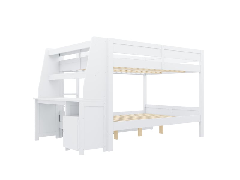  Lit superposé 140 x 200 cm avec armoire latérale intégrée et réversible (gauchedroite), comprenant un bureau, une étagère, des tiroirs et des espaces de rangement, blanc  - Conforama E