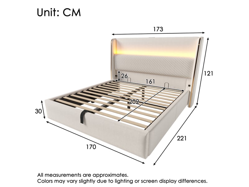  Lit double 160 x 200 cm avec coffre hydraulique, led, ports usbtype-c et matelas, aspect lin beige  - Conforama E