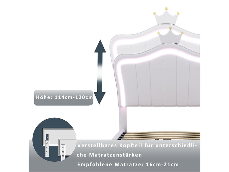  Lit coffre enfant rembourré 1 place 90x200 cm avec led, rangement hydraulique, tête de lit couronne réglable, sommier à lattes, simili cuir blanc  - Conforama E