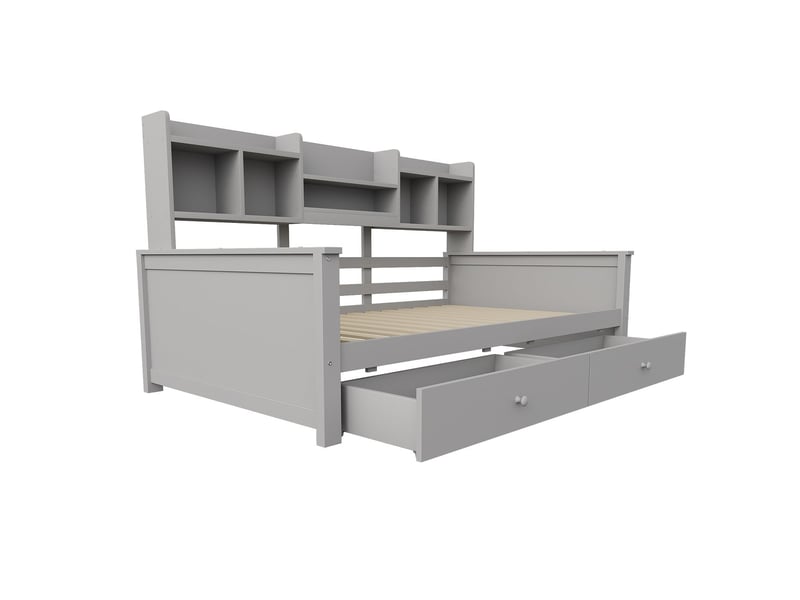  Lit avec tiroirs 90x200, rangement intégré lit une personne, étagères latérales, structure bois massif, sommier inclus, gris  - Conforama D