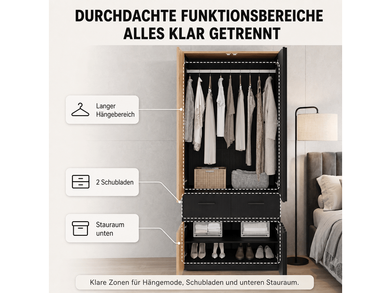  Armoire,90x50x200 cm,avec penderie, 2 tiroirs et étagères,mdf,noire et effet bois  - Conforama E