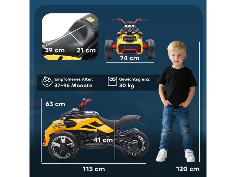  Tricycle électrique pour enfants, à piles, avec lecteur mp3, klaxon, 2 vitesses, lumières led, 3-8 ans, jaune  - Conforama E