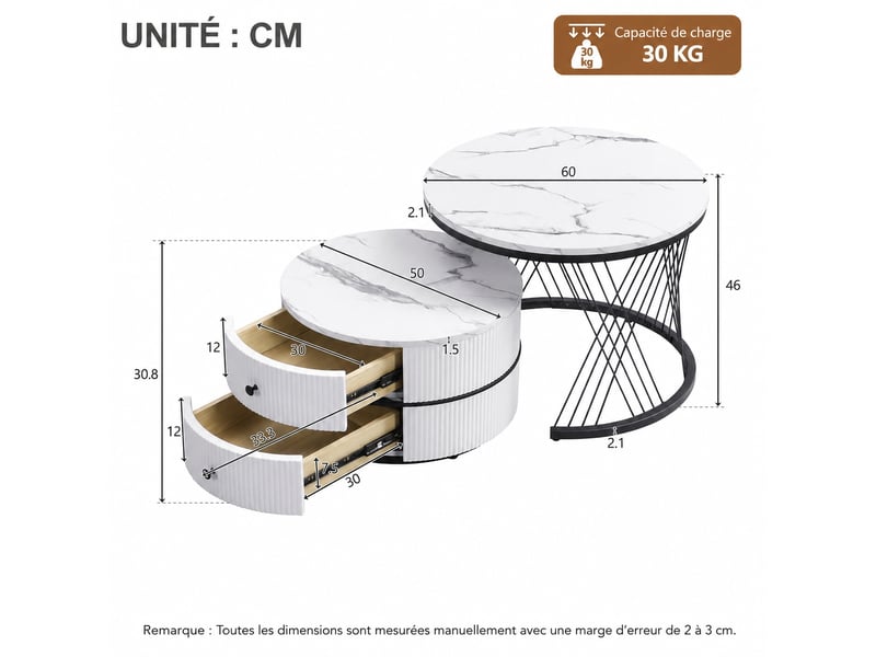 Ensemble de deux tables basses rondes gigognes blanches, effet marbre haute brillance, avec tiroirs - Conforama D