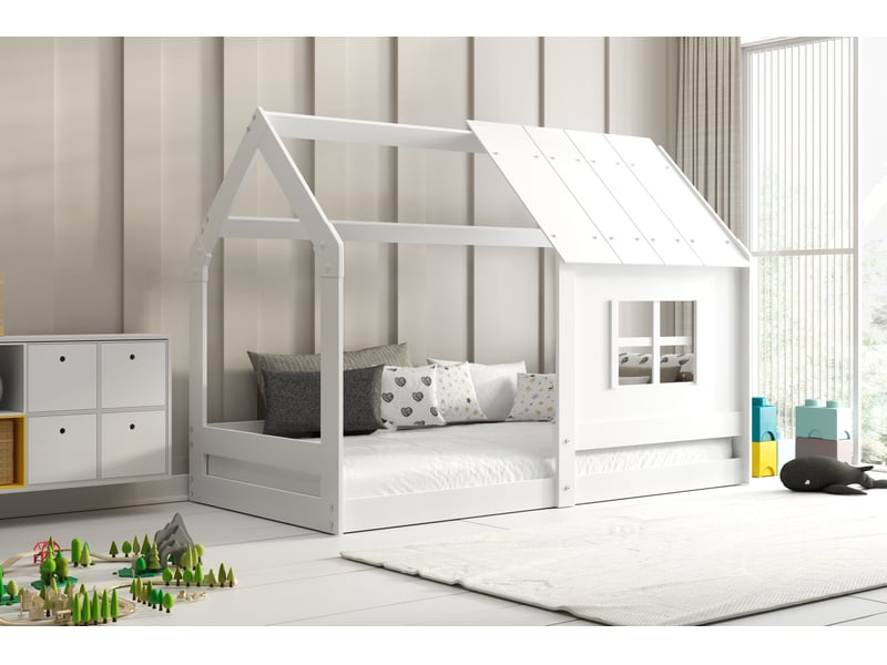  Lit cabane enfant montessori en bois massif blanc avec toit et fenêtre, 80x160 cm – sommier à lattes inclus  - Conforama B