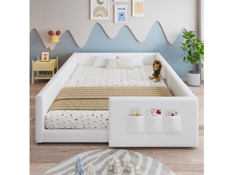 Lit enfant 140x200 cm, lit 2 place, design moderne et simple, 3 poches de rangement, sommier, pu, coloris blanc, sans matelas - Conforama D
