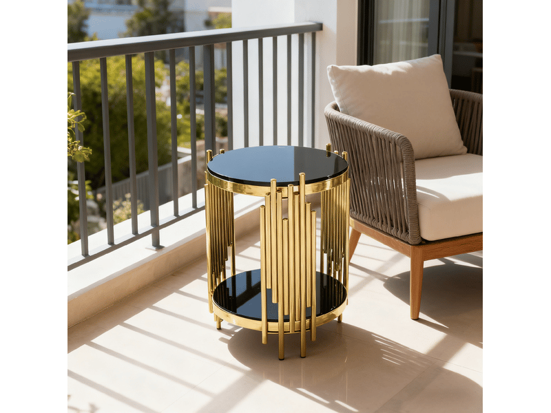  Table d'appoint tcqpz ronde en verre trempé noir et acier inoxydable doré 45 x 45 x 55 cm  - Conforama E