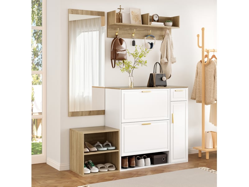  Meubles d'entrée avec meuble à chaussures, banc, patère et miroir pour entrée en bois blanc et naturel 139,5 × 35 × 166 cm  - Conforama D