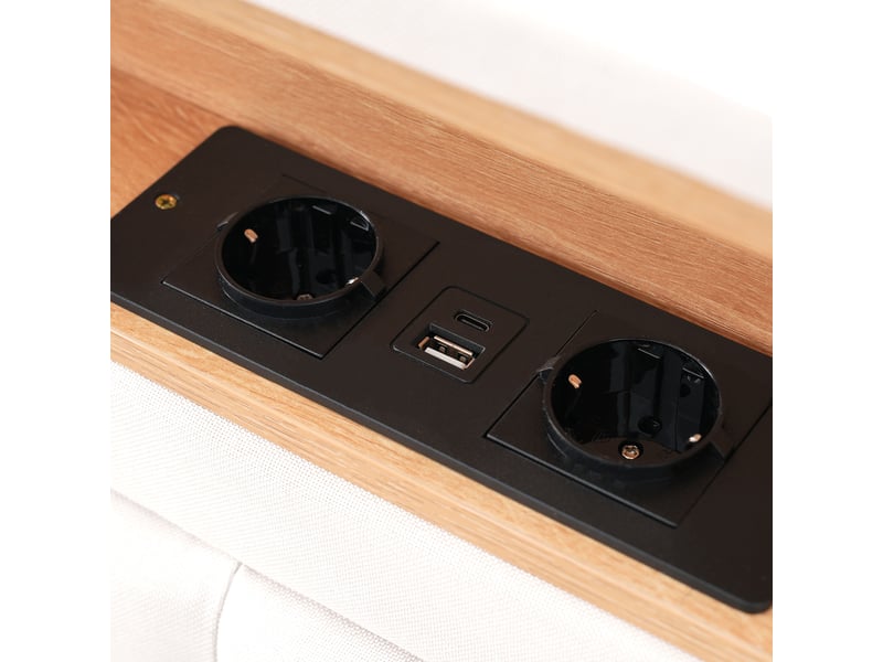  Lit adulte 140 x 200 cm avec 4 tiroirs, tête de lit réglable (±12 cm) et prise usb-c intégrée, lin beige, sans matelas  - Conforama R