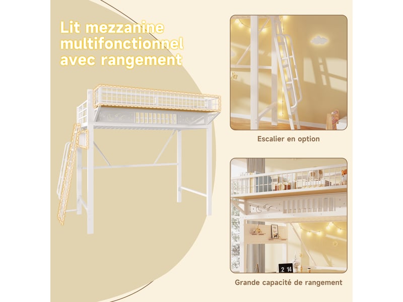  Lit mezzanine 2 personnes 90x200cm - lit haut double avec étagères de rangement, espace ouvert en bas, métal blanc evarich - Conforama D