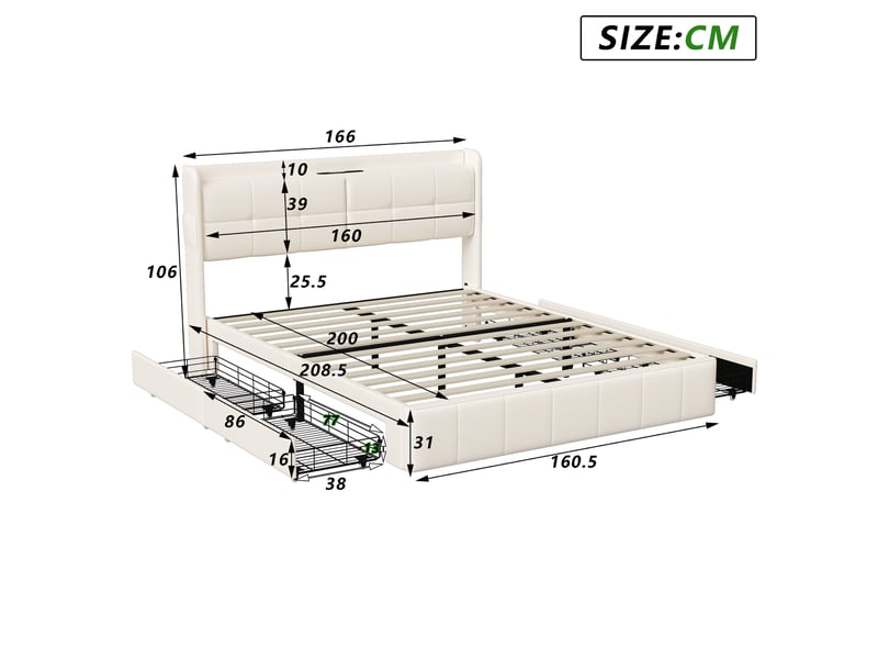  Lit double 160x200 cm avec 4 tiroirs et sommier à lattes - tête de lit avec port usb, revêtement pu blanc, design contemporain  - Conforama D