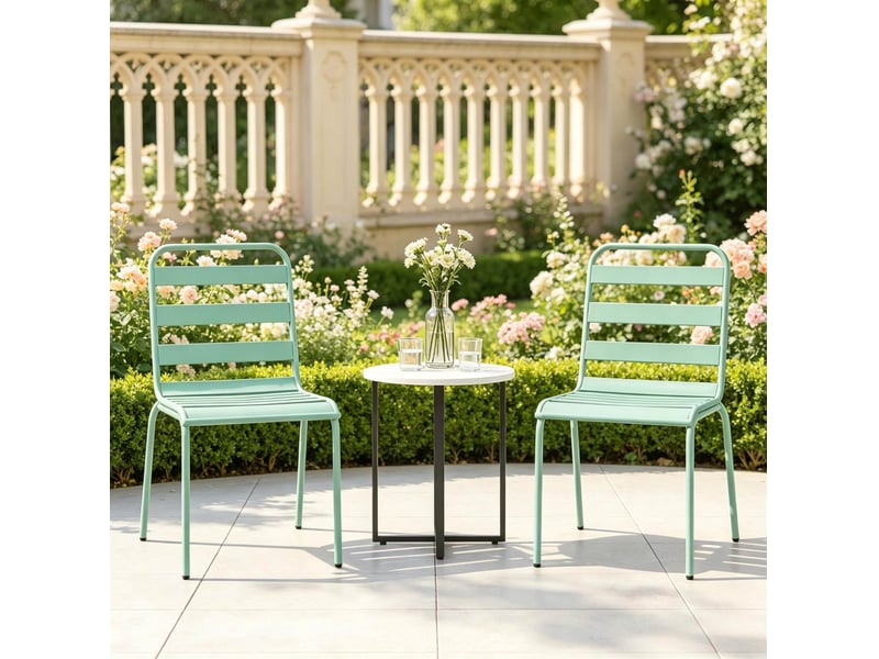Lot de 2 chaises de jardin empilables en acier vert, pieds réglables pour terrasse, résistantes aux intempéries - Conforama B