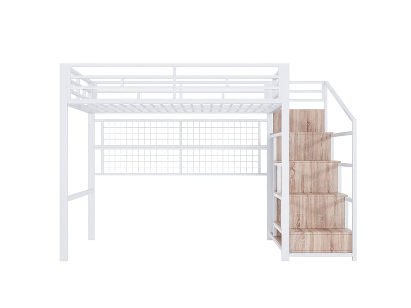  Lit mezzanine, 140 x 200 cm, armoire-échelle, espace ouvert dessous, led 7 couleurs, métal, blanc, sans matelas  - Conforama E