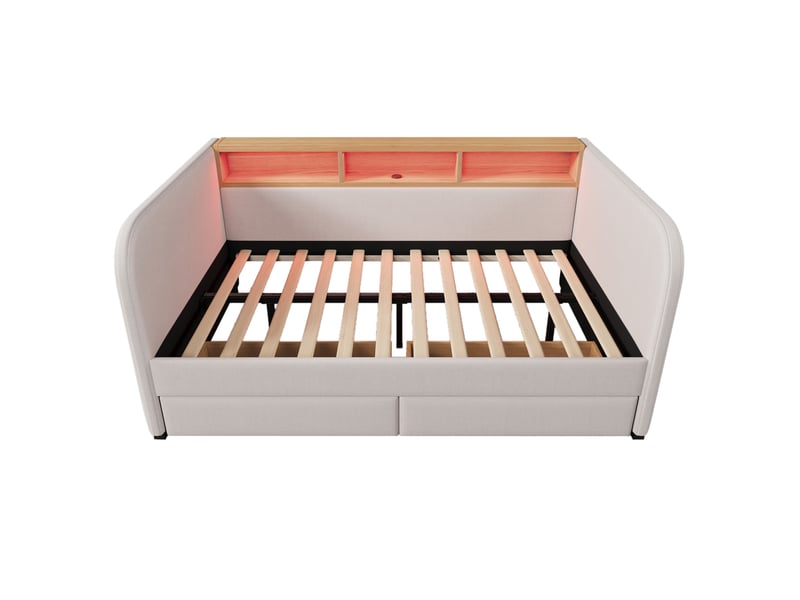  Lit banquette 140x190 cm avec éclairage led et 2 tiroirs, lit double, rangement, style simple, lin beige sans matelas  - Conforama E