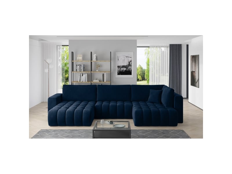Canapé d'angle bonita convertible 6 places bleu nuit effet velours – gauche – 350x175cm - Conforama B