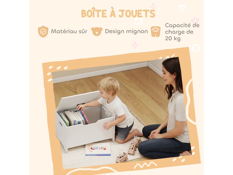 Coffre à jouet enfant avec couvercle rabattable, coffre de rangement enfant, forme d'ours, blanc, 60 x 38 x 48 cm - Conforama E