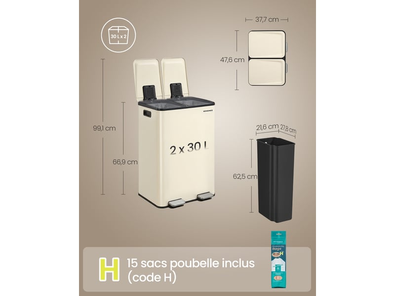  Poubelle de cuisine à pédale 47,6 x 37,7 x 66,9 cm 2 compartiments pratique avec couvercle fermeture douce en acier crème 12_0012296  - Conforama B