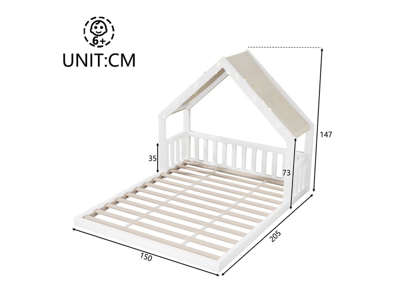  Lit cabane pour enfant, 140 x 200 cm, avec toit en tissu et guirlande lumineuse, structure en bois, blanc  - Conforama C