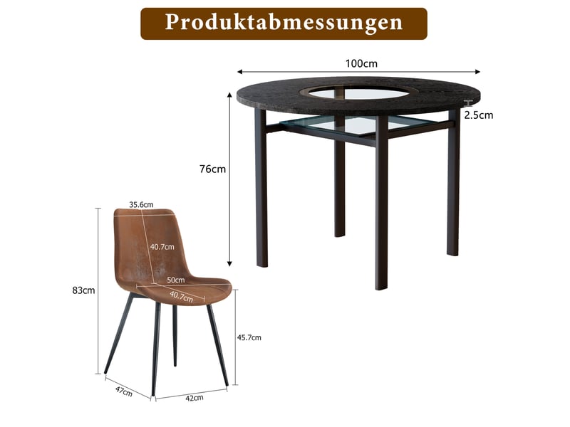  Ensemble table à manger ronde 100 cm avec 4 chaises en tissu marron et métal noir  - Conforama C