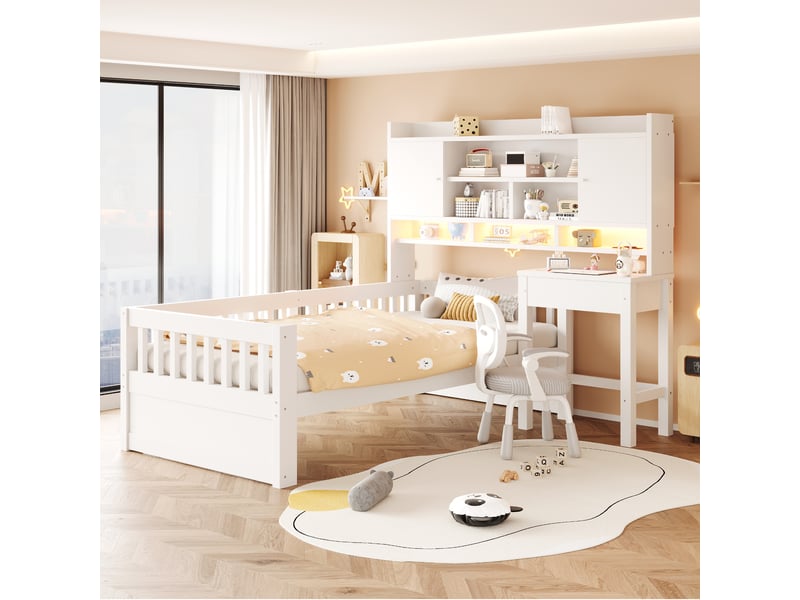  Lit enfant multifonction 90x200 cm avec bureau, tiroirs, rangements, led et prise, lit simple en bois avec barrière de sécurité, sommier, blanc Seren Glow - Conforama D