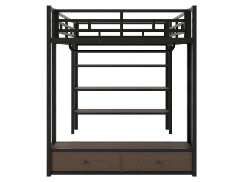 Cadre de lit superposé 140x200 avec armoire ouverte, rangements, panneau perforé et éclairage led, en métal noir. BUBBLY - Conforama E