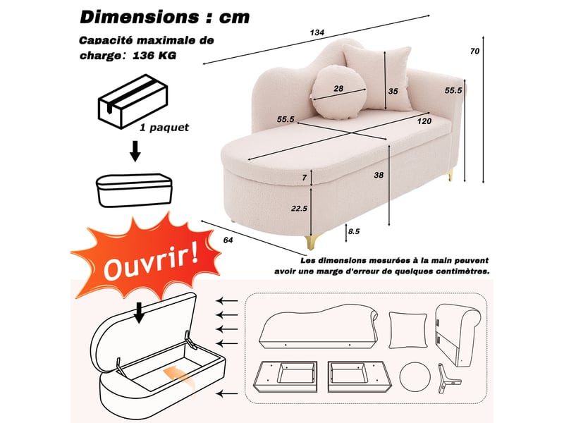  Méridienne avec rangement chaise longue tissu bouclette banquette de salon moderne  - Conforama C