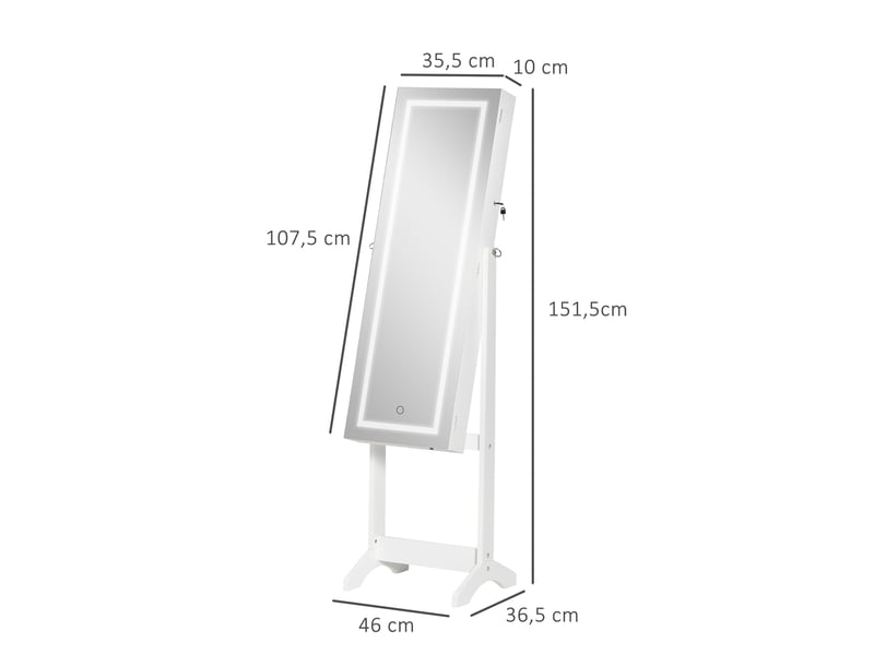  Armoire à bijoux led avec miroir sur pied range bijoux avec éclairage à tactile écran blanc  - Conforama C