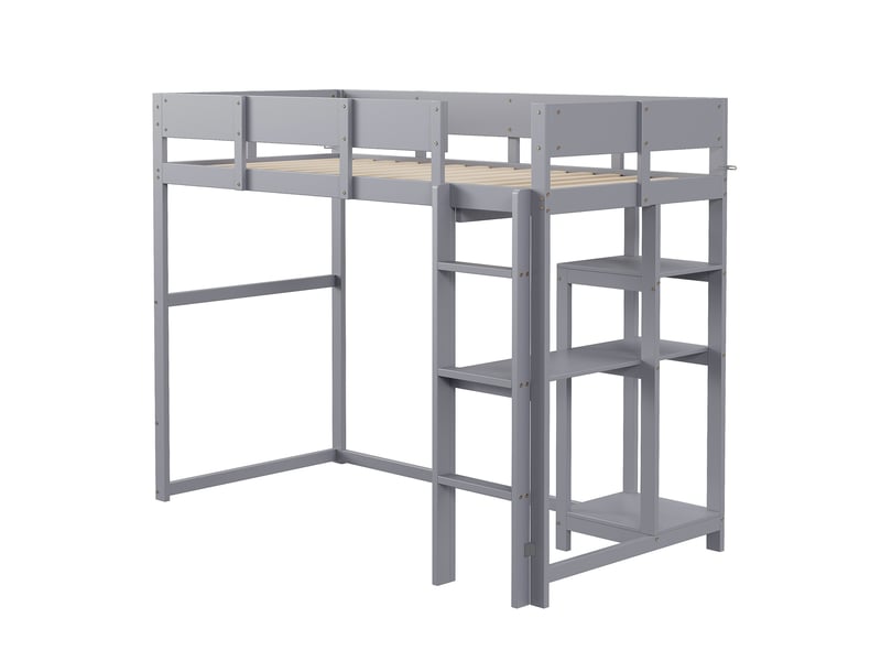 Lit mezzanine 90x200 en bois de pin massif, lit mezzanine avec étagère, avec sommier à lattes, lit pour enfant et adolescent gris - Conforama C