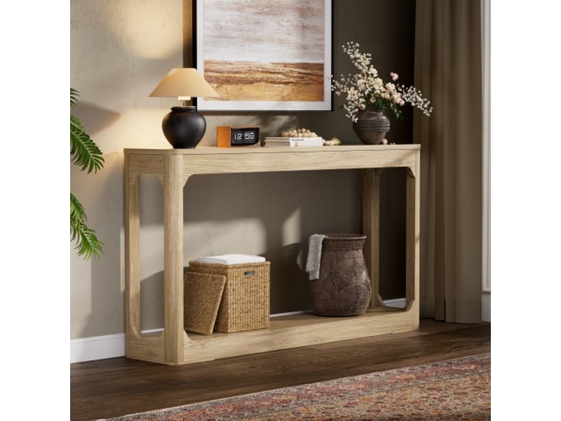  Table d'appoint incurvée 140 cm avec rangement, à 2 niveaux, bois naturel – idéale derrière canapé, entrée et couloir  - Conforama D