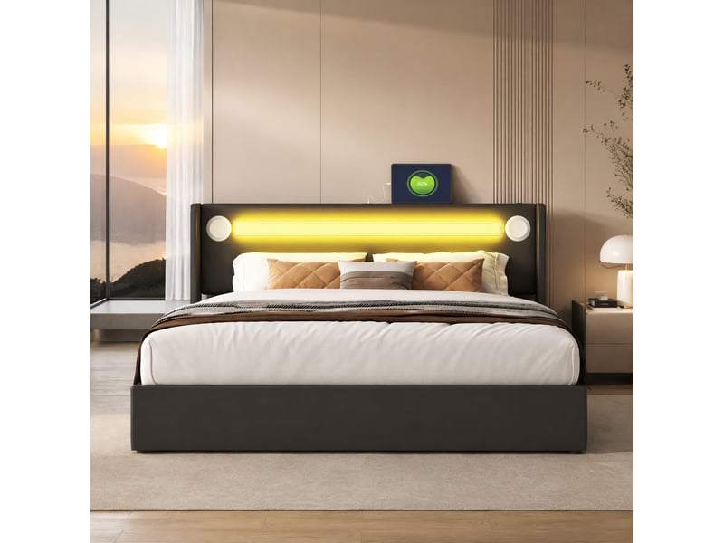  Lit double 160 x 200 cm avec rangement hydraulique, led, bluetooth et usb noir  - Conforama D