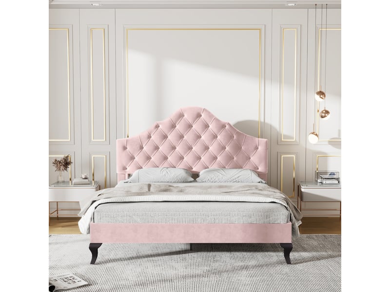  Lit double 200×140 cm avec tête de lit réglable en hauteur et sommier à lattes, en velours rose  - Conforama C