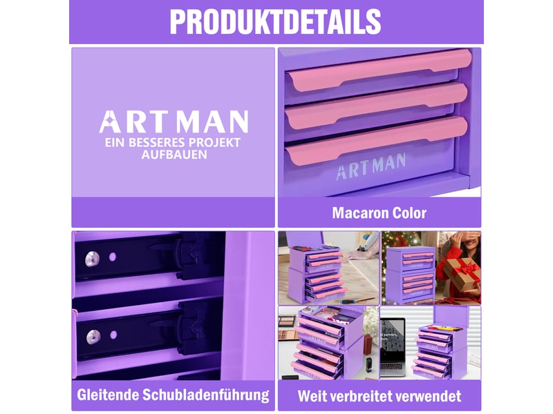  Organisateur de bureau à 5 tiroirs 28,5x15,8x32 cm violet et rose en acier, rangement empilable  - Conforama E