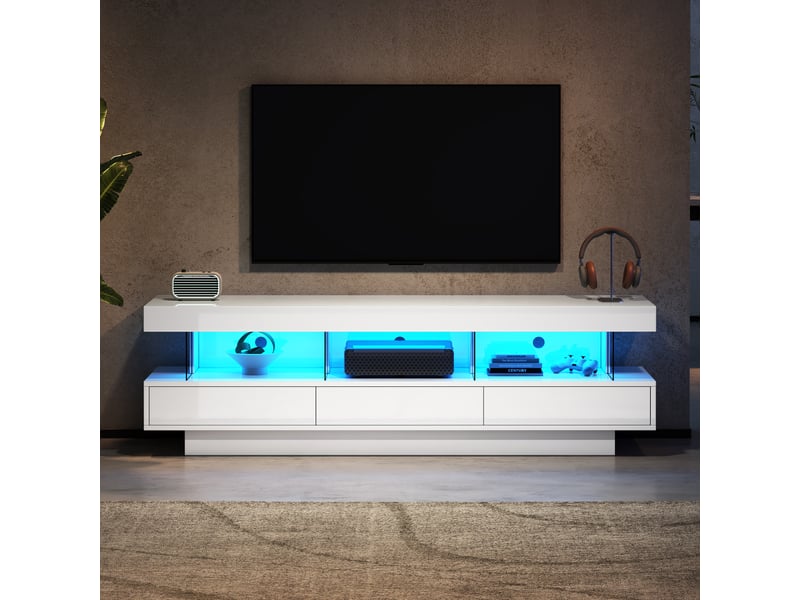  Meuble tv blanc laqué, meuble tv pour écran 70 pouces avec led, meuble tv 160 cm, panneau de particules, blanc  - Conforama E