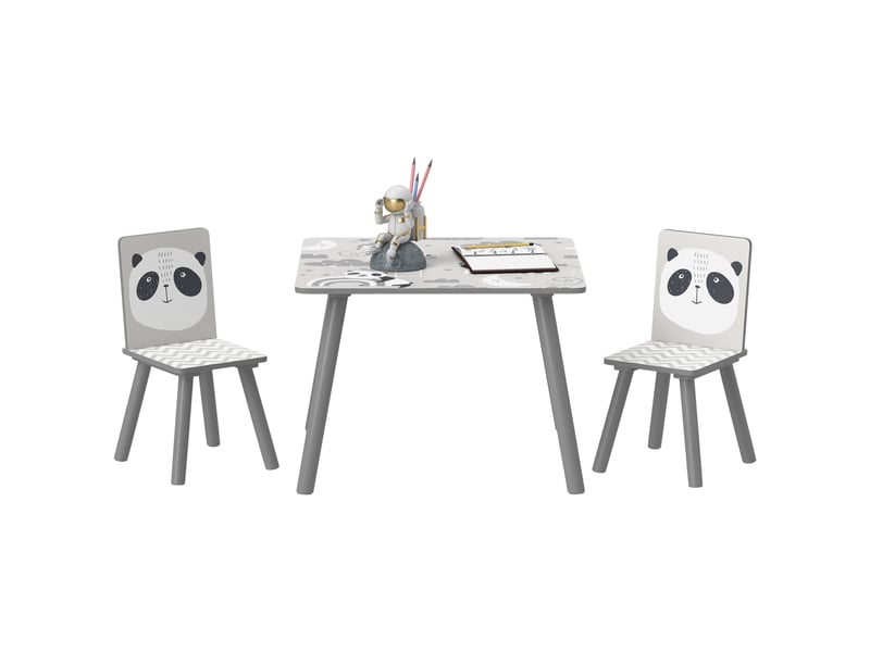 Ensemble table et 2 chaises, mobilier enfant 3 pièces pour enfants de 3 ans et plus, motif panda gris et blanc avec bordure. - Conforama A