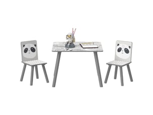 Ensemble table et 2 chaises, mobilier enfant 3 pièces pour enfants de 3 ans et plus, motif panda gris et blanc avec bordure.