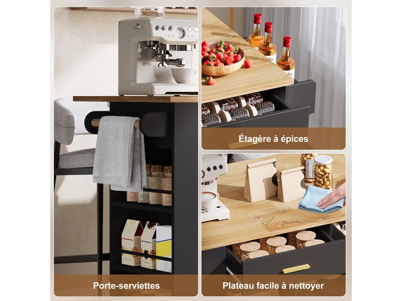Îlot de cuisine mobile 120 x 4571 x 90 cm avec plateau rabattable, 3 tiroirs, étagères et roulettes, noir et bois - Conforama D