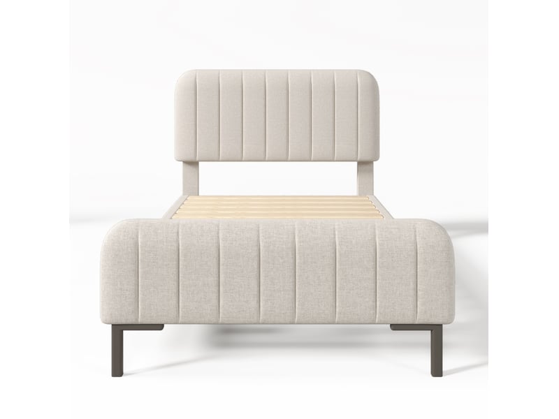 Lit simple 90x190 cm avec sommier et tête de lit réglable, lin gris beige clair, sans matelas - Conforama E