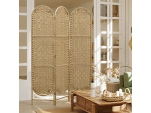 Paravent interieur ovale 3 panneaux 120 x 170 cm séparateur de pièce pliable, bois naturel, léger et tissé