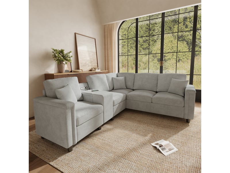  Canapé d’angle 5 places xxl 235x208x83 chenille en l avec console de rangement,ports usbusb-c et lampe de lecture, canapé moderne pour salon - gris OPULERANE TRADING LTD - Conforama E
