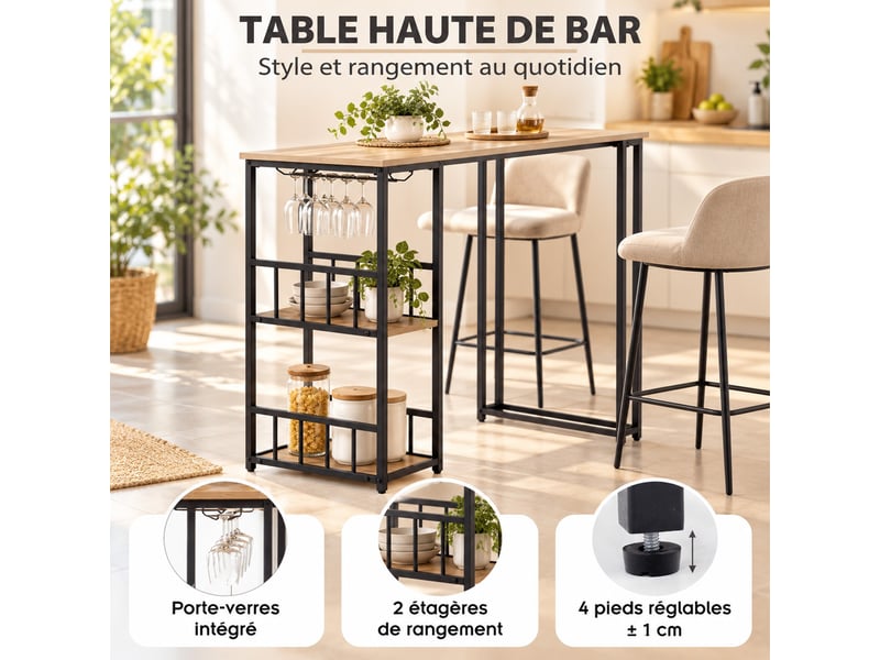  Gavin table haute de bar acier, étagères &amp; porte-verre chêne  - Conforama B