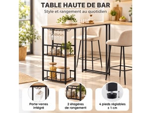Gavin table haute de bar acier, étagères & porte-verre chêne